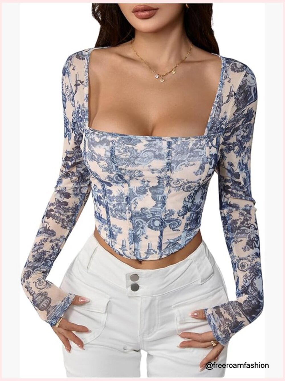 Long Sleeve Crop Top Square Neck Graphic Fall Retro Vintage Tee